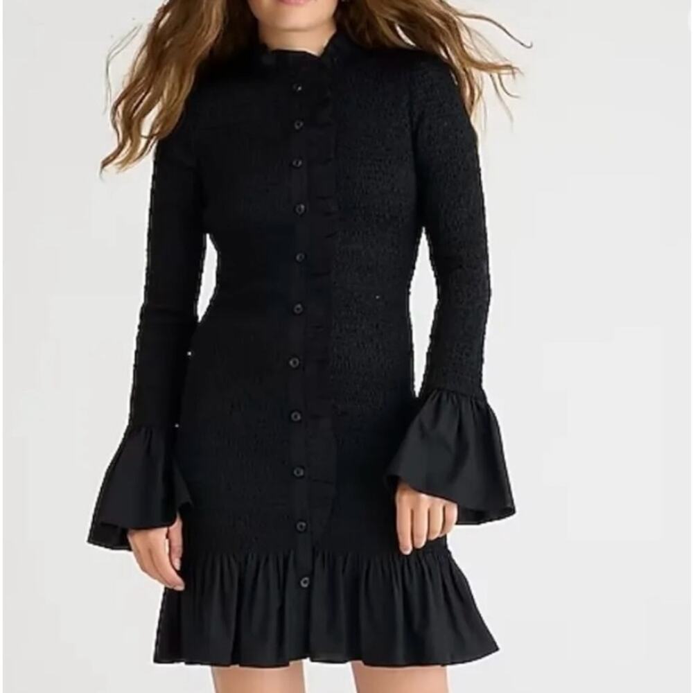 J. Crew Black Long Sleeve Ruffle Hem Dress